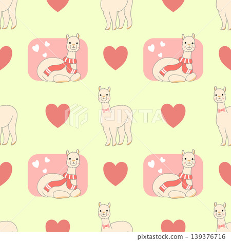 Cute Alpaca Love Seamless Pattern, Sweet Llama with Hearts and Cozy Red Scarf on Pastel Yellow Background Cute Alpaca Love Seamless Pattern, Sweet Llama with Hearts and Cozy Red Scarf on Pastel Yellow Background 139376716