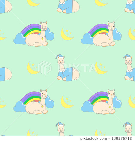 Cute Bedtime Alpaca Dream Seamless Pattern, Sleepy Llama with Rainbows, Crescent Moons, and Stars on Mint Green Cute Bedtime Alpaca Dream Seamless Pattern, Sleepy Llama with Rainbows, Crescent Moons, and Stars on Mint Green 139376718