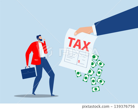 Businessman stress with full of money banknotes from tax bills. Tax evasion, illegal hide revenue and avoid paying government tax, fraud and money laundering or financial crime. 139376756