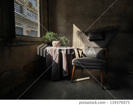 Sunlit Corner with Vintage Chair and Quiet Window Shadows Sunlit Corner with Vintage Chair and Quiet Window Shadows 139376875