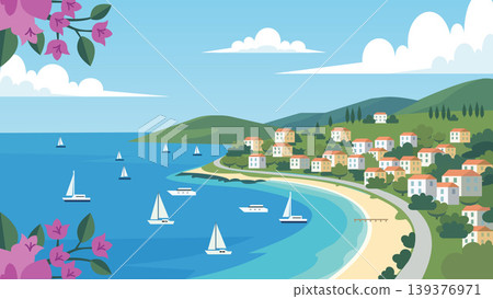 Quiet Bay Mediterranean Beach Flat Design Illustration 139376971