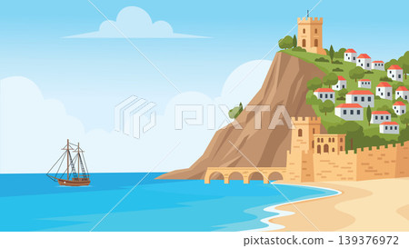 Sailing Coast Mediterranean Beach Flat Design Illustration 139376972