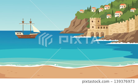 Castle Cliff Mediterranean Beach Flat Design Illustration 139376973