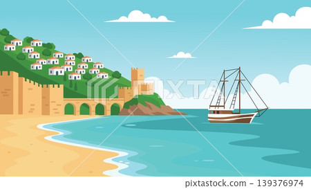 Anchored Ship Mediterranean Beach Flat Design Illustration Anchored Ship Mediterranean Beach Flat Design Illustration 139376974