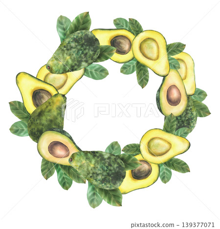 Avocado wreath. Whole fruit and cut half fruit with seeds and green leaves circle frame. Hand drawn watercolor illustration isolated on white background. Suitable for healthy food packaging, label. Avocado wreath. Whole fruit and cut half fruit with seeds and green leaves circle frame. Hand drawn watercolor illustration isolated on white background. Suitable for healthy food packaging, label. 139377071