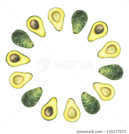 Watercolor avocado circle frame. Whole and cut avocado fruit half with and without seed. Hand drawn illustration isolated from background wreath for round food label, cosmetic, product packaging. Watercolor avocado circle frame. Whole and cut avocado fruit half with and without seed. Hand drawn illustration isolated from background wreath for round food label, cosmetic, product packaging. 139377075