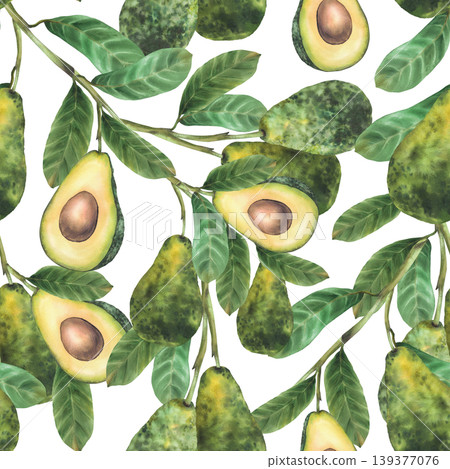 Watercolor avocado branch seamless pattern. Ripe whole and cut half fruit showing seed. Botanical hand drawn illustration isolated from background for exotic food packaging, fabric, wallpaper design. 139377076