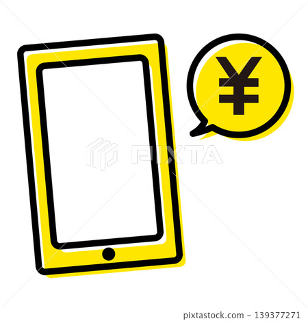 Illustration of a smartphone and a yen symbol in a speech bubble. 139377271