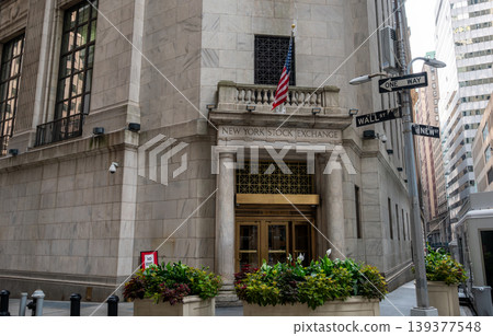 New york, usa august 16,2024. New york stock exchange building facade and entrance on wall street, demonstrating global finance and economic power in manhattan 139377548