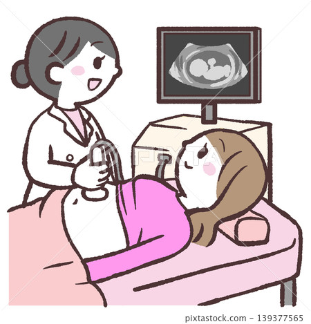 Illustration of a woman undergoing an ultrasound examination. 139377565