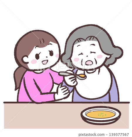 插圖描繪了一位女士幫助母親用餐的情景。 插圖描繪了一位女士幫助母親用餐的情景。 139377567