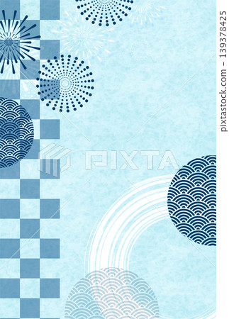 A background image featuring a Japanese-style blue checkered pattern, fireworks, and wave patterns. A background image featuring a Japanese-style blue checkered pattern, fireworks, and wave patterns. 139378425