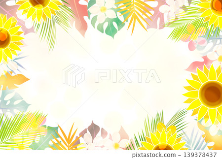 A bright tropical frame design featuring sunflowers and monstera leaves. A bright tropical frame design featuring sunflowers and monstera leaves. 139378437