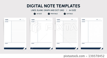 Cornell Notes Templates Set. Lined, Blank, Graph and Dot Grid Note Pages with Key Points and Summary Sections. A4 Printable and Editable Study Notebook Layouts. Modern Navy Blue Business Design. 139378452