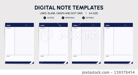 Digital Note Templates Vector Set, Printable A4 Planner Pages with Lined Blank Graph and Dot Grid Layouts Digital Note Templates Vector Set, Printable A4 Planner Pages with Lined Blank Graph and Dot Grid Layouts 139378454