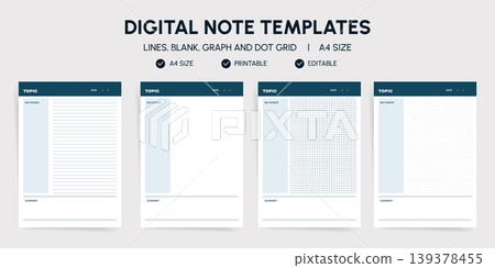 Cornell Note Taking Templates Bundle. Lined, Blank, Graph and Dot Grid Notebook Pages with Topic Header, Key Points and Summary. A4 Printable Editable Study and Business Notes Layout. Vector Set 139378455