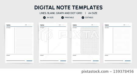 Cornell Notes Template Bundle with Blue Accent Line. Minimalist Lined, Blank, Graph and Dot Grid Pages with Key Points and Summary. A4 Printable Editable Lecture Note Layout for Students. Clean Vector Cornell Notes Template Bundle with Blue Accent Line. Minimalist Lined, Blank, Graph and Dot Grid Pages with Key Points and Summary. A4 Printable Editable Lecture Note Layout for Students. Clean Vector 139378456
