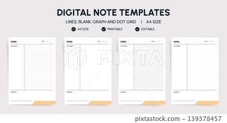 Digital Note Templates Vector Set, Clean Printable A4 Lined Blank Graph Dot Grid Notebook Pages Digital Note Templates Vector Set, Clean Printable A4 Lined Blank Graph Dot Grid Notebook Pages 139378457