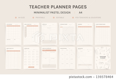 Teacher Planner Pages Vector Set, Printable A4 Lesson Plan Gradebook Attendance Tracker Templates Teacher Planner Pages Vector Set, Printable A4 Lesson Plan Gradebook Attendance Tracker Templates 139378464