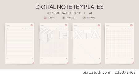 Digital Note Templates Vector Set, Modern Printable A4 Lined Graph Dot Grid Planner Pages Digital Note Templates Vector Set, Modern Printable A4 Lined Graph Dot Grid Planner Pages 139378465
