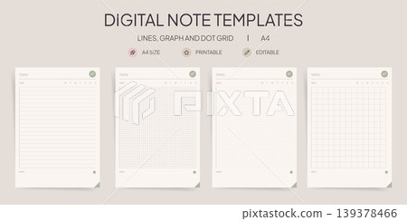 Aesthetic Note Template Set with Daily Tracker Header. Lines, Graph and Dot Grid Pages with Topic, Date and Day of Week Mark. A4 Printable Editable Minimalist Beige Stationery for Habit Tracking 139378466