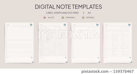 Aesthetic Note Templates Set. Lines, Graph and Dot Grid Notebook Pages with Topic, Date and Weekly Tracker Header. A4 Printable Editable Minimalist Beige Stationery Bundle for Study, Journal and More. Aesthetic Note Templates Set. Lines, Graph and Dot Grid Notebook Pages with Topic, Date and Weekly Tracker Header. A4 Printable Editable Minimalist Beige Stationery Bundle for Study, Journal and More. 139378467