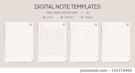 Digital Note Templates Vector Set, Modern Minimal, Printable A4, Lined Graph Dot Grid, Planner Pages Digital Note Templates Vector Set, Modern Minimal, Printable A4, Lined Graph Dot Grid, Planner Pages 139378468