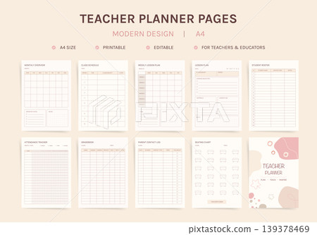 Teacher Planner Pages Vector Set, Modern, Printable A4, Lesson Plan Gradebook Attendance Tracker, Templates Teacher Planner Pages Vector Set, Modern, Printable A4, Lesson Plan Gradebook Attendance Tracker, Templates 139378469