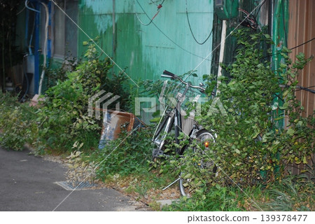 A scene of old green walls and abandoned bicycles. 139378477