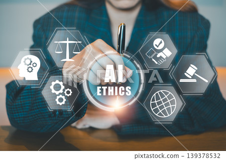 Businessperson engaging with AI ethics interface, symbolizing technology and legal balance in modern business. Businessperson engaging with AI ethics interface, symbolizing technology and legal balance in modern business. 139378532