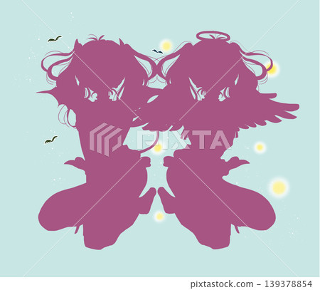 Silhouettes of two women, one resembling an angel and the other a devil. Silhouettes of two women, one resembling an angel and the other a devil. 139378854