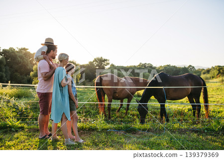 Family watching horses in countryside at sunset. Family watching horses in countryside at sunset. 139379369