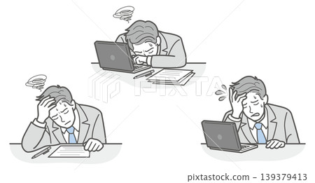 Three-piece set of businessman poses (desk work, worry, stuck, confused) Three-piece set of businessman poses (desk work, worry, stuck, confused) 139379413