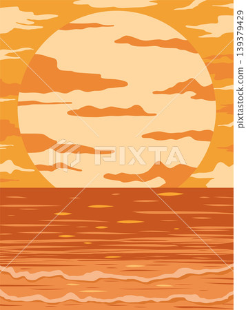 The setting sun is setting in the west, the sun is setting on the sea surface, and the waves are shining. 139379429