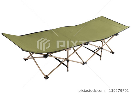 Folding camping cot, military style portable travel bed for outdoor and fishing isolated. Folding camping cot, military style portable travel bed for outdoor and fishing isolated. 139379701