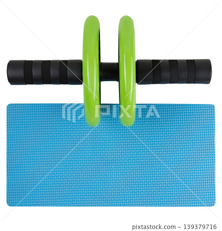 Green abdominal wheel roller with blue knee mat on white background. Green abdominal wheel roller with blue knee mat on white background. 139379716