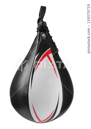 Leather speed bag, teardrop boxing punch bag for training isolated. Leather speed bag, teardrop boxing punch bag for training isolated. 139379719