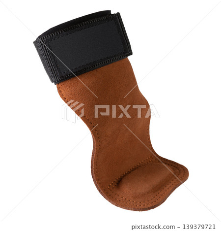 Brown leather weightlifting hand grips, gym palm protectors for deadlifts and pull-ups isolated. Brown leather weightlifting hand grips, gym palm protectors for deadlifts and pull-ups isolated. 139379721
