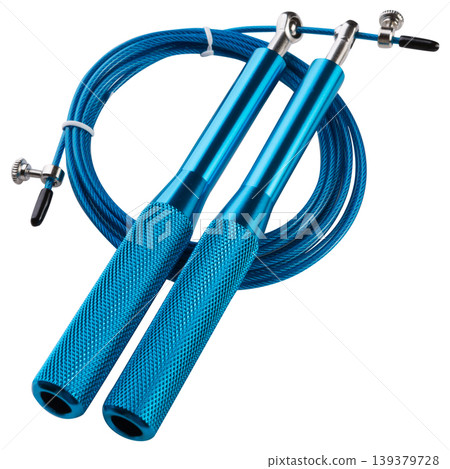 Speed jump rope for crossfit with blue aluminum handles isolated. 139379728