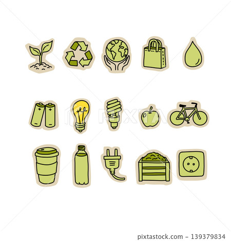 Nature sticker set, ecology doodle badge collection with green environment icons. Renewable energy lamp, recycle symbol, earth care planet sticker set. Nature sticker bundle. Nature sticker set, ecology doodle badge collection with green environment icons. Renewable energy lamp, recycle symbol, earth care planet sticker set. Nature sticker bundle. 139379834