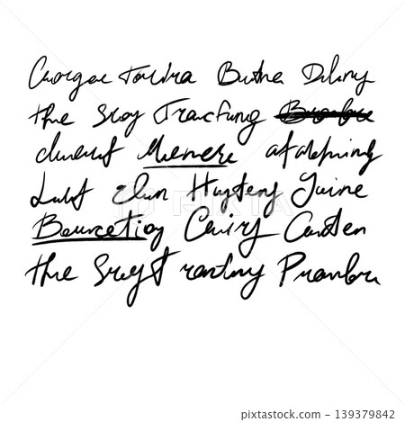Scribbled black handwriting text on white background. Illegible cursive writing note, messy script draft. Hand drawn font style element. 139379842