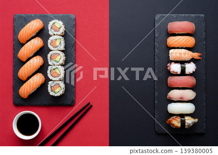 壽司套餐擺放在紅黑相間的背景下 壽司套餐擺放在紅黑相間的背景下 139380005