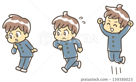 An illustration of a boy in a school uniform, showing the steps of overcoming a problem, working hard, and achieving success. An illustration of a boy in a school uniform, showing the steps of overcoming a problem, working hard, and achieving success. 139380023
