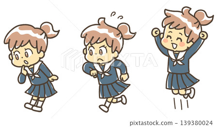 一幅描繪身穿水手服的女孩的插圖，展示了克服困難、努力工作並取得成功的步驟。 139380024