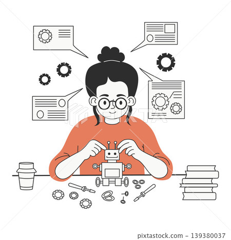 Smart Woman Maker Assembles Robot. Female Engineer Robotics. Professional Building Model and Creating Prototype. Flat Vector Minimalist Illustration. STEM Tech Education and Engineering Hobby. Smart Woman Maker Assembles Robot. Female Engineer Robotics. Professional Building Model and Creating Prototype. Flat Vector Minimalist Illustration. STEM Tech Education and Engineering Hobby. 139380037