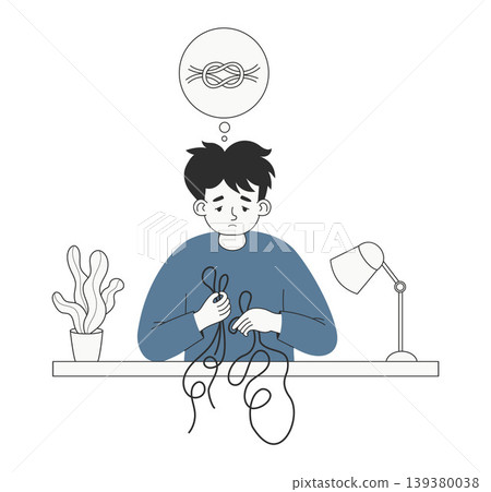 Confused Person Solving Complex Problem. Man Untangling and Creating Perfect Knot at Desk. Goal Oriented Working with Precision. Finding Solution. Vector Illustration. Perfectionism and Craftsmanship. 139380038