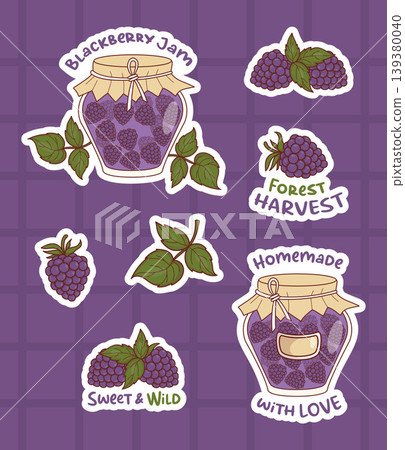 Blackberry Homemade Rustic Glass Jars Jam, Berries and Leaves Sticker Pack. Isolated Cute Labels with Sweet Quotes. Forest Harvest Aesthetic. Vector Illustration. Blackberry Homemade Rustic Glass Jars Jam, Berries and Leaves Sticker Pack. Isolated Cute Labels with Sweet Quotes. Forest Harvest Aesthetic. Vector Illustration. 139380040