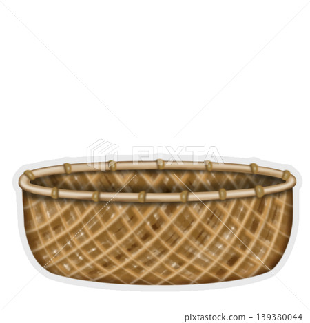 Sticker Hand drawn wicker basket collection illustration featuring various woven containers with handles ,ribbon and fabric covers for storage, picnic, and invitation,card decor use 139380044