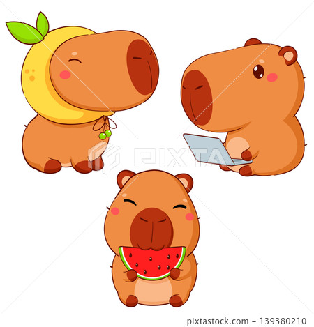 Baby collection of little capybara in different poses. Sweet baby animal in kawaii style. Set of cute cartoon pet. Can be used for t-shirt print, sticker, badge, greeting card design. Vector EPS8 139380210