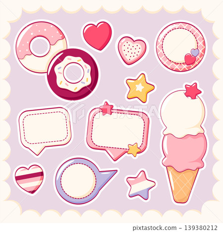 Vector Set of sticker in kawaii style. Cute eye-catching tag, label with cake, heart, speech bubble, ice cream. Collection of cozy sticker. Can be used for t-shirt print, sticker, badge, greeting card 139380212
